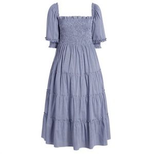 Hill House Nesli Micro Gingham Nap Midi Dress in Blue Size 2XL